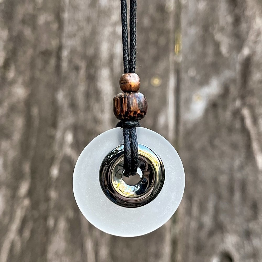 Hematite & White Sea Glass Pendant | Handmade